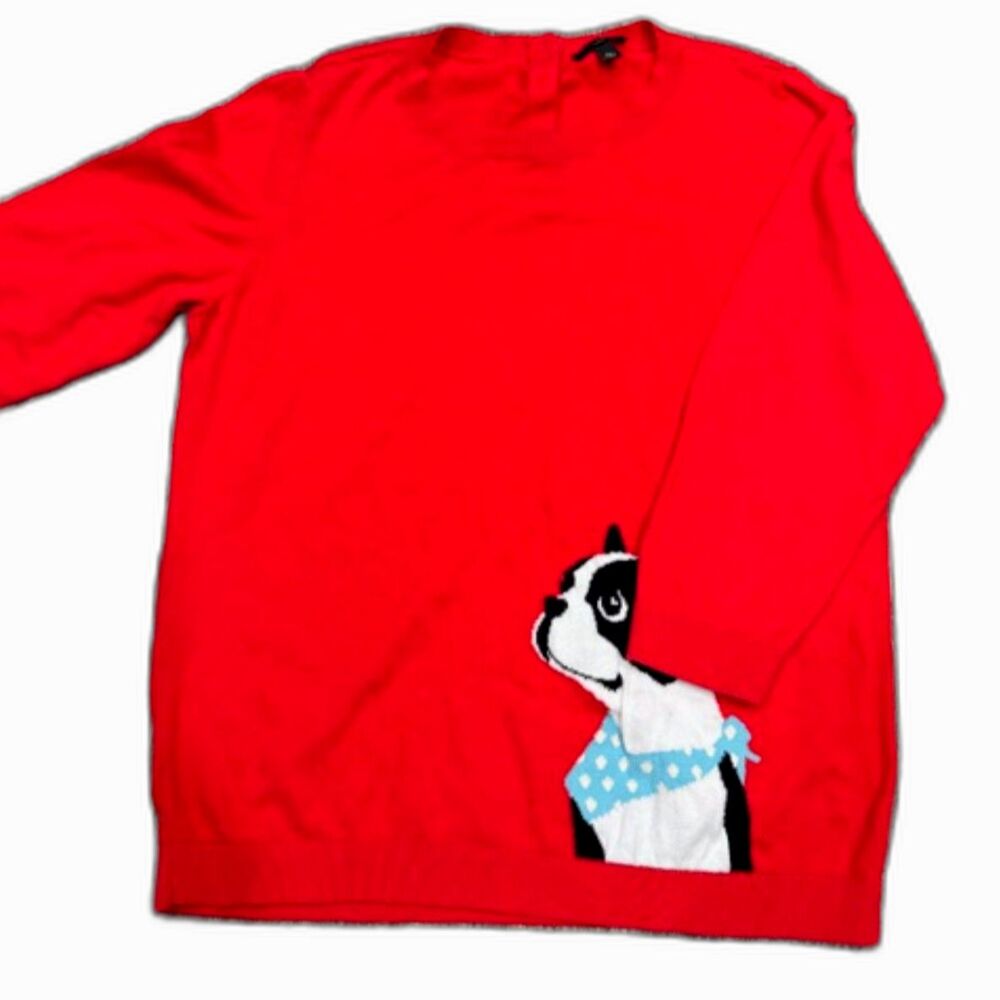 Talbots Red Dog Sweater Women’s Medium Cute Boston Terrier Knit